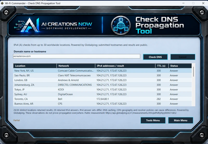 Check DNS Propagation Tool showing worldwide locations and IPv4 DNS answers