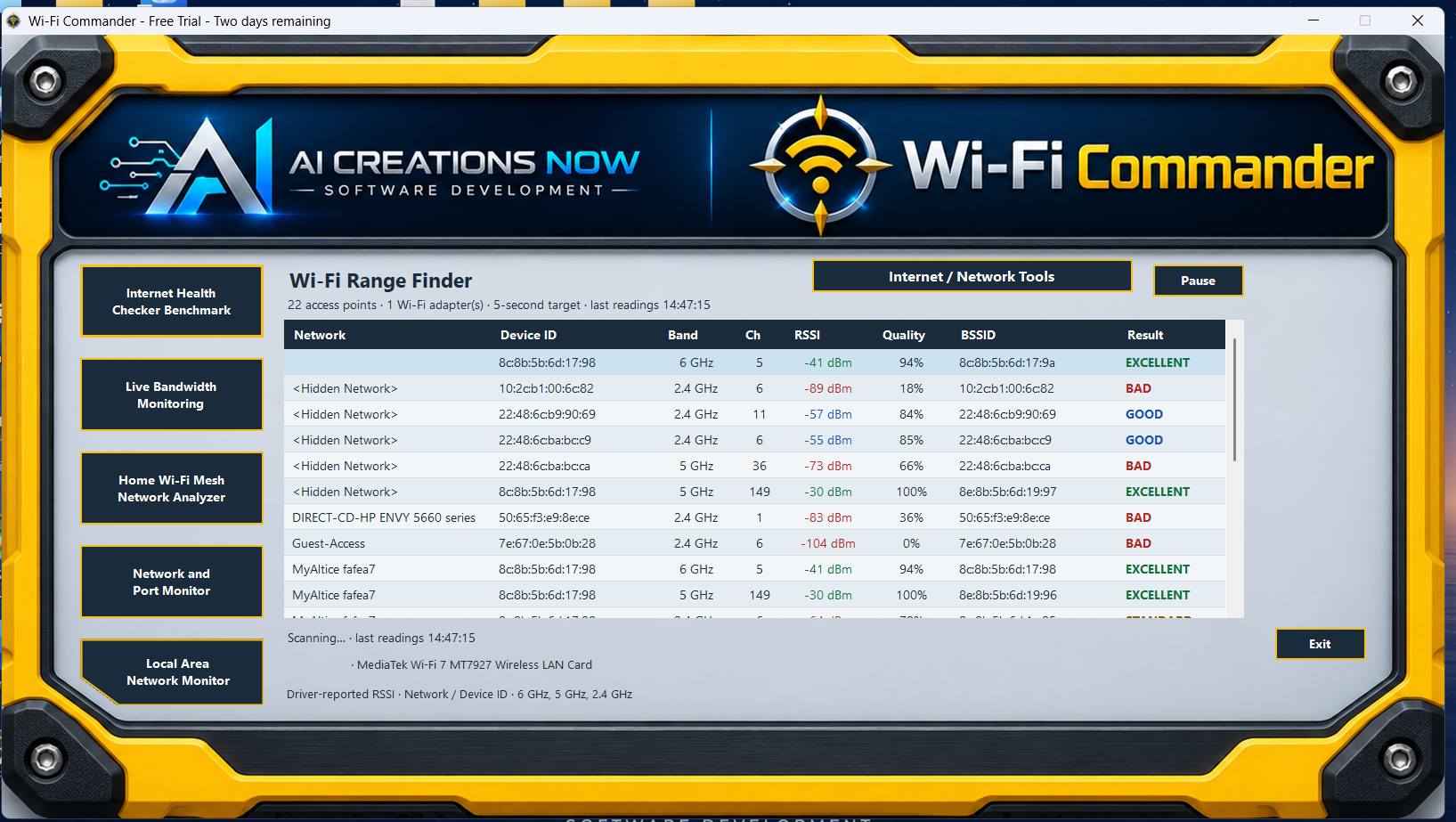 Actual Wi-Fi Commander range finder dashboard